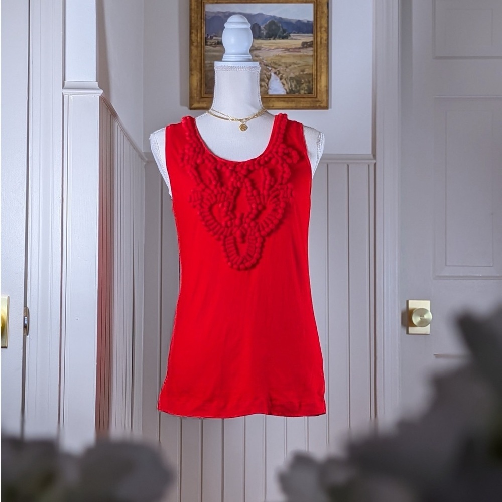 Tory Burch Red Pom Pom Cotton Tank Top Boho Chic M